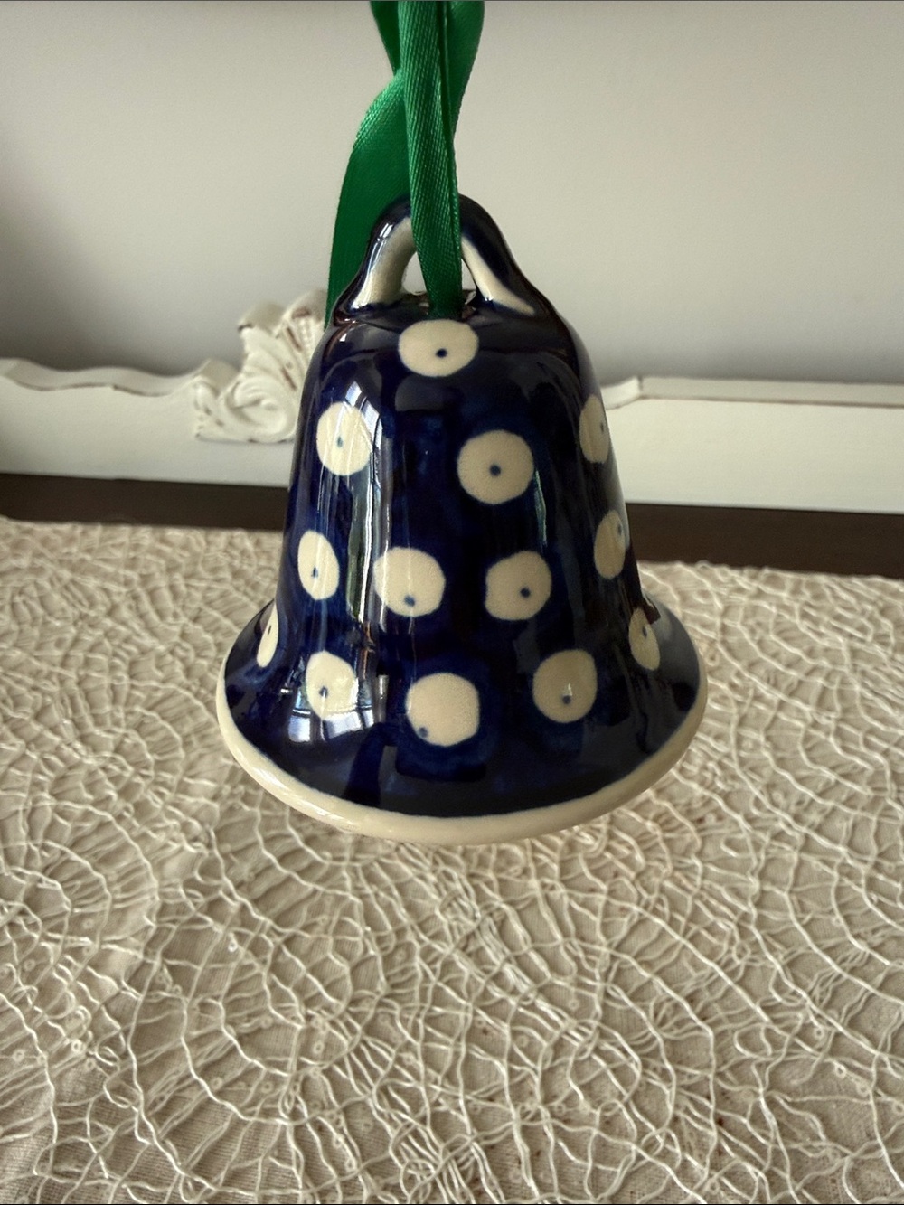 Hand-Painted Ceramic Bell Ornament in Navy with Cream Dots - Polish Bell